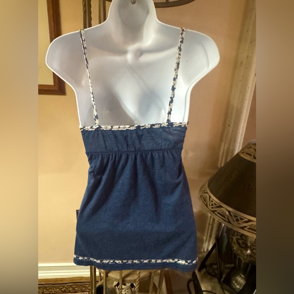 Hollister Vintage Y2K 2000’s Dark Blue BabyDoll Cut Tank Top with Floral Trim Sm - Picture 7 of 11